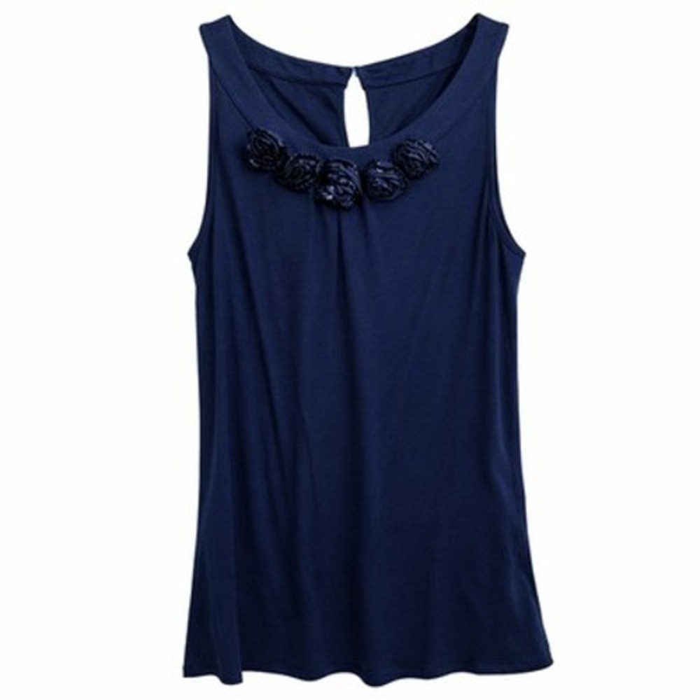 Boden Womens Tank Top Size 12 Navy Blue Rosette‎ Sequin Keyhole Back Romantic